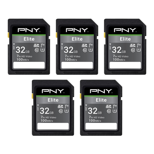 PNY� Elite Class 10 U1 V10 SDHC Flash Memory Cards, 32GB, Pack Of 5 Memory Cards