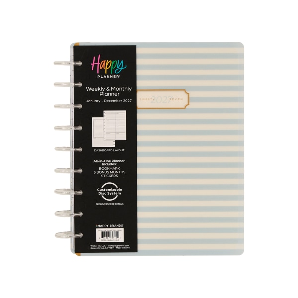 Happy Planner Monthly/Weekly Disc-Bound Planner, 7" x 9-5/16", Sunday Stripes, January 2027 - December 2027, Total Qty 1
