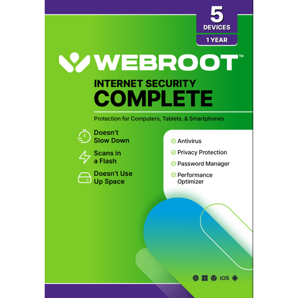 Webroot� Internet Security Complete With Antivirus Protection 2020, For 5 PC And Mac� Devices, 1-Year Subscription, Disc
