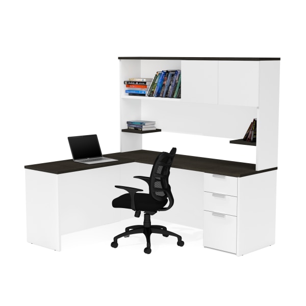Bestar Pro-Concept Plus 72""W L-Shaped Corner Desk With Pedestal And Hutch, White/Deep Gray -  110886-17