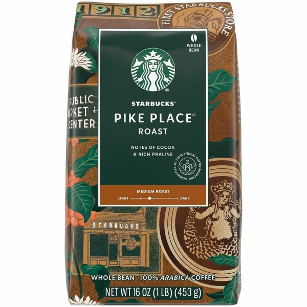 Whole Bean Coffee, Light Roast, Pike Place, 1 lb Per Bag