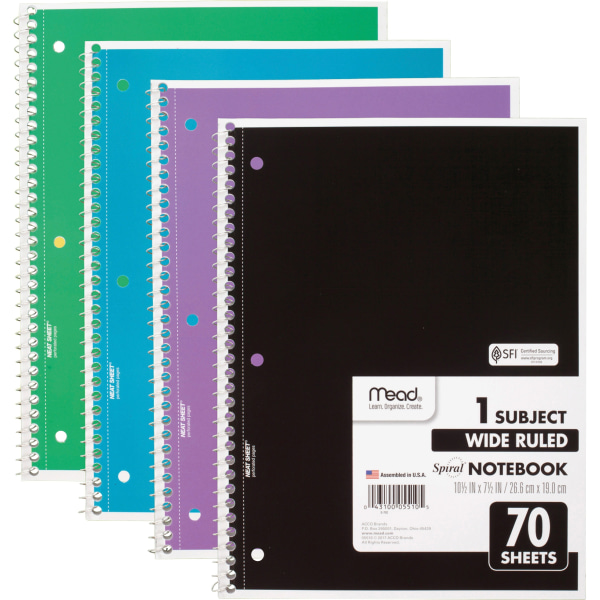 Mead® Spiral Notebooks, 1 Subject, Wide Ruled, 70 Sheets, Assorted Colors, Pack Of 4 Notebooks -  72873