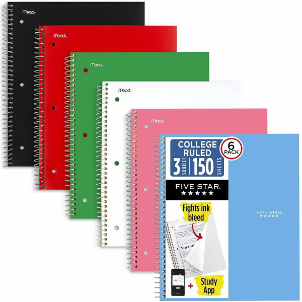 Mead® Five Star® Spiral Notebooks, 8.5" x 11", 3 Subject, College Ruled, 150 Sheets, Assorted, Pack Of 6
