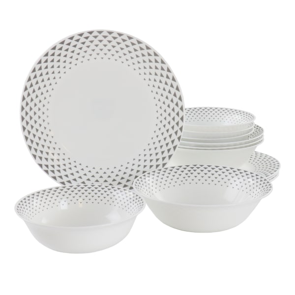 UPC 085081599759 product image for Ultra by Gibson Cane Peak 12-Piece Opal Glass Dinnerware Set, White/Gray Accents | upcitemdb.com