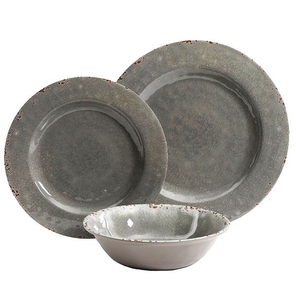 Mauna 12 Pieces Dinnerware Set  Gray  Crackle Look Decal  Melamine