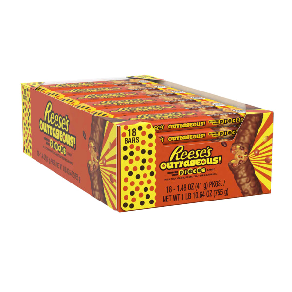 UPC 034000412037 product image for Reese's Outrageous! Peanut Butter Chocolate Candy Bar, 1.48 Oz, Pack Of 18 Bars | upcitemdb.com