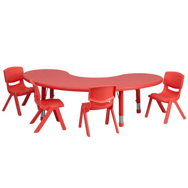 Flash Furniture Half-Moon Plastic Height-Adjustable Activity Table Set With 4 Chairs, 23-3/4""H x 35""W x 65""D, Red -  YU-YCX-0043-2-MOON-TBL-RED-E-GG