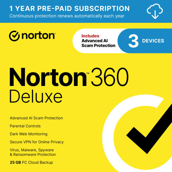 Norton™ 360 Deluxe, For 3 Devices, 1 Year Subscription, Windows®, Download