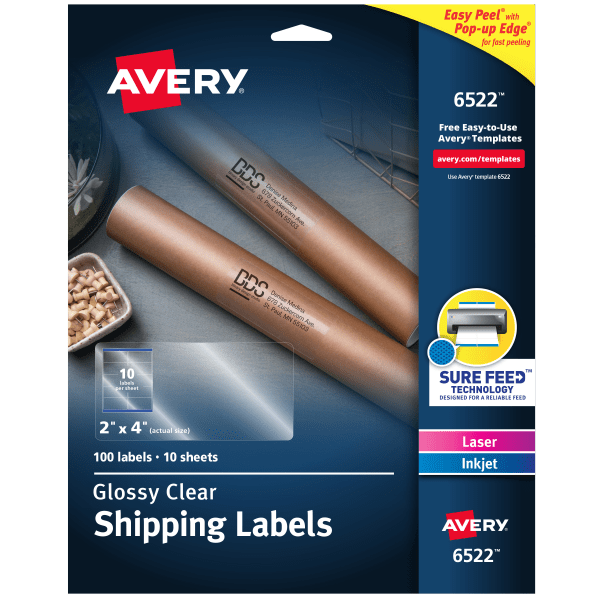 Avery® Glossy Permanent Labels, 6522, Shipping, 2" x 4", Clear, Pack Of 100