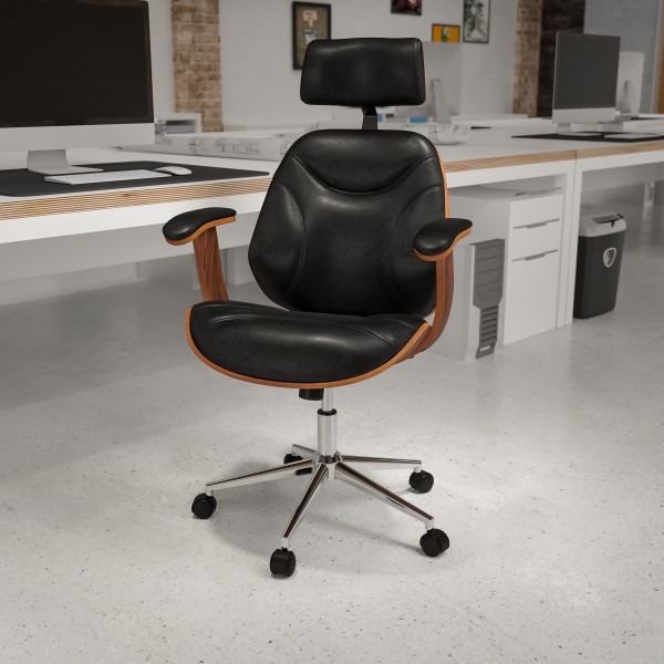 Flash Furniture Ergonomic LeatherSoft™ Faux Leather High-Back Swivel Office Chair, Black/Walnut/Silver -  SD-SDM-2235-5-BK-HR-GG
