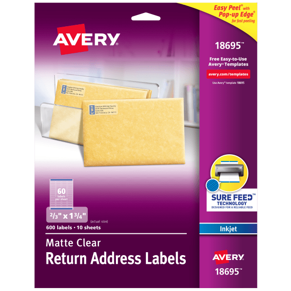 Avery® Matte Return Address Labels With Sure Feed® Technology, 18695, Rectangle, 2/3" x 1-3/4", Clear, Pack Of 600