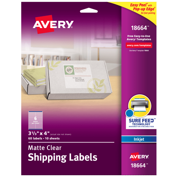 Avery Matte Clear Shipping Labels  Sure Feed Technology  Inkjet  3-1/3  x 4   60 Labels (18664)