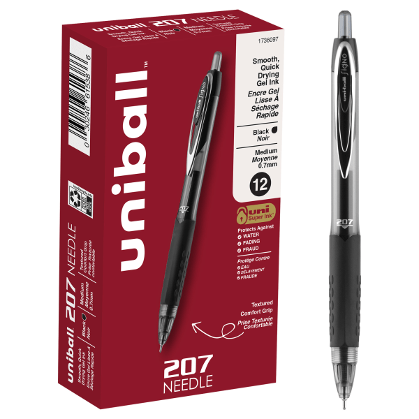 uni-ball 207 Retractable Fraud Prevention Gel Pens, Needle Point, 0.7 mm, Translucent Black Barrels, Black Ink, Pack Of 12