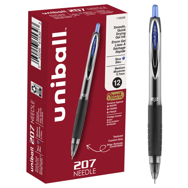uni-ball 207 Retractable Fraud Prevention Gel Pens, Needle Point, 0.7 mm, Translucent Black Barrels, Blue Ink, Pack Of 12