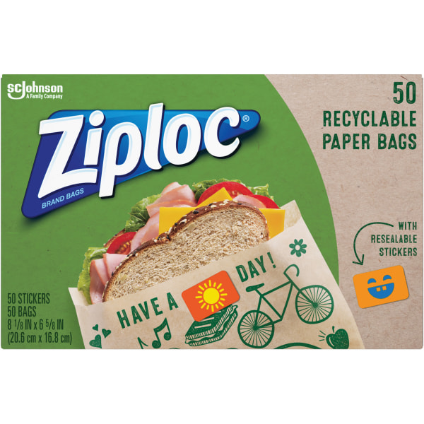Ziploc Paper Sandwich & Snack Bags, Recyclable & Sealable with Fun Designs, 50 Count