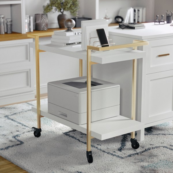 Photos - Other Furniture Martha Stewart Liam 2-Tier Office Storage And Printer Cart, White/Polished Brass 