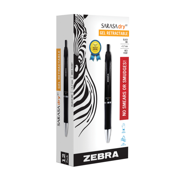 Photos - Pen Zebra � Sarasa� Dry X1 Retractable Gel , Medium Point, 0.7 mm, Black Barrel, Black Ink, Pack Of 12  45610 