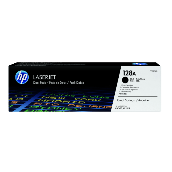 HP 128A Black Toner Cartridges, Pack Of 2, CE320AD