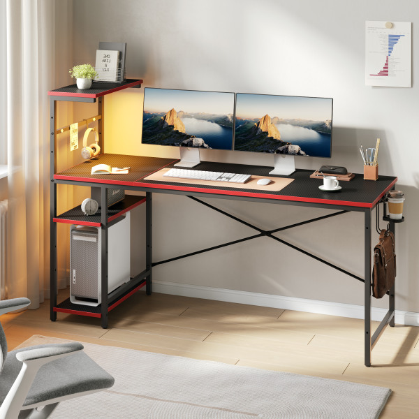 Bestier Gaming Computer Desk With RGB LED Lights And 4-Tier Storage Shelves, 61"W, Black Carbon Fiber