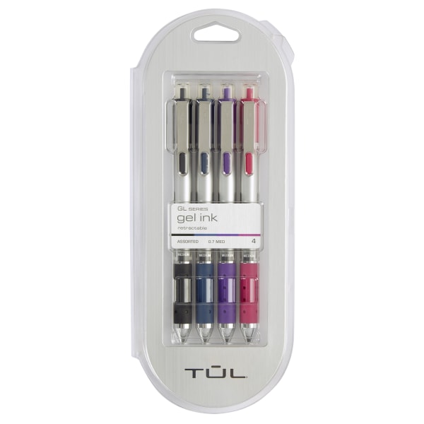 TUL Retractable Gel Pens, Medium Point, 0.7 mm, Silver Barrel, Assorted Inks, Pack Of 4 Pens - BG07P4A2 - Office Supplies Jot down notes or work on creative pieces with the sku BG07P4A2