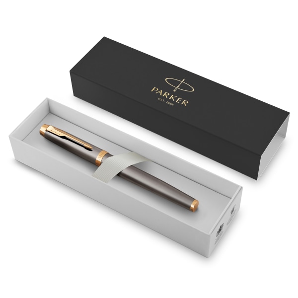 PARKER IM Rollerball Pen, Grey Lacquer with Gold Trims, Fine Stainless Steel Point, Black Ink Refill, Gift Box