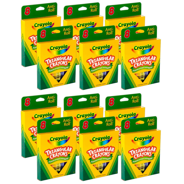 Triangular Crayons, Large Size, Assorted Colors, 8 Crayons Per Box, Set Of 12 Boxes