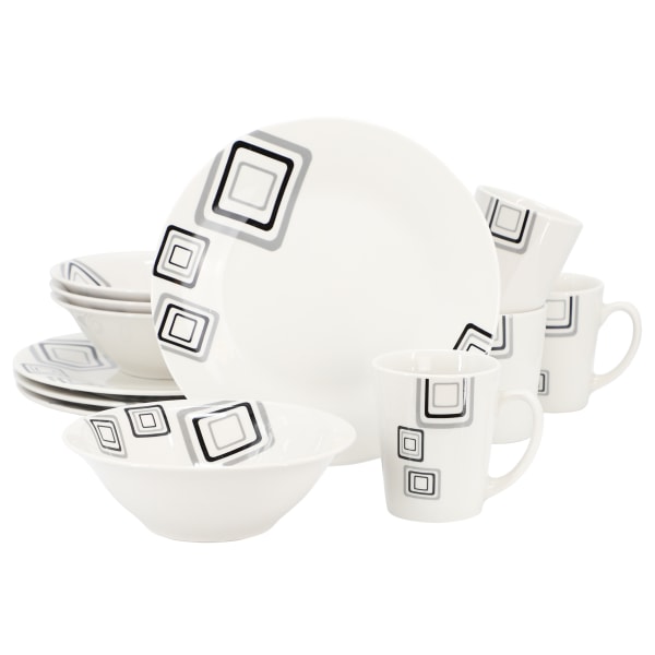 UPC 085081639073 product image for Gibson Home Black Squares 12-Piece Round Fine Ceramic Dinnerware Set, White/Blac | upcitemdb.com