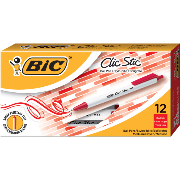 BIC America Clic Stic Ballpoint Pen - Red Ink - White Barrel - 1 Dozen BICCSM11RD