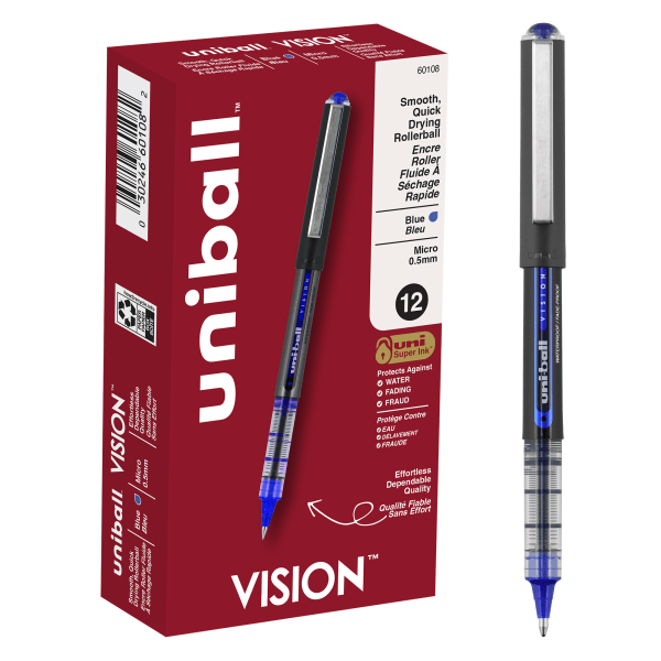 uni-ball Vision Rollerball Pens, Micro Point, 0.5 mm, Black Barrel, Blue Ink, Pack Of 12 - 60108 - Office Supplies Micro point rollerball pens deliver an intense ink sku 60108