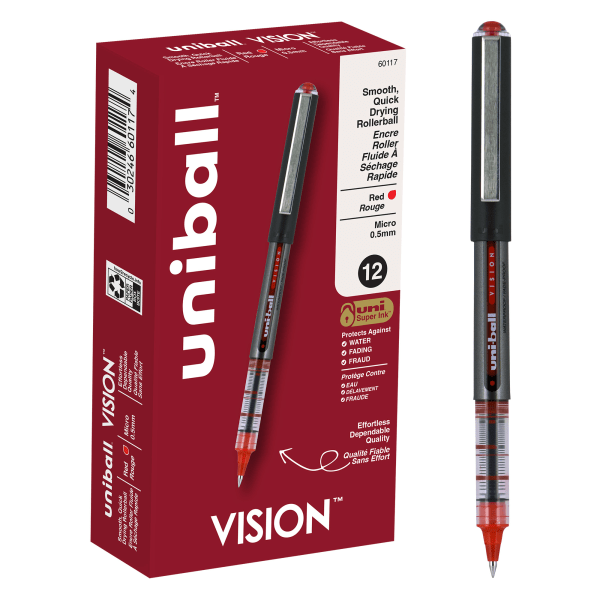 uni-ball Vision Rollerball Pens, Micro Point, 0.5 mm, Black Barrel, Red Ink, Pack Of 12