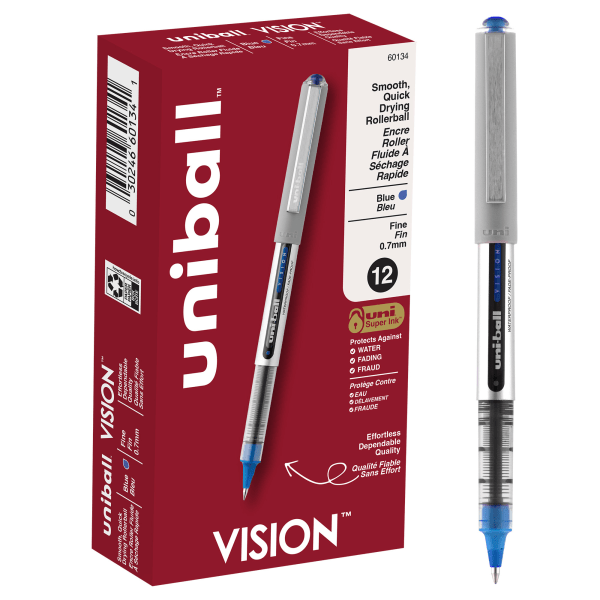 uni-ball Vision Rollerball Pens, Fine Point, 0.7 mm, Gray Barrel, Blue Ink, Pack Of 12 - 60134 - Office Supplies Fine point rollerball pens deliver an intense ink  sku 60134