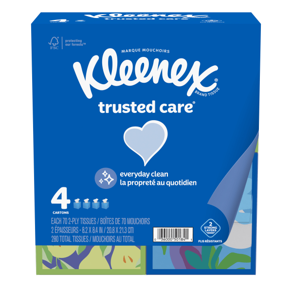 Kleenex Trusted Care Everyday Facial Tissues, 4 Cube Boxes (280 Total Tissues)