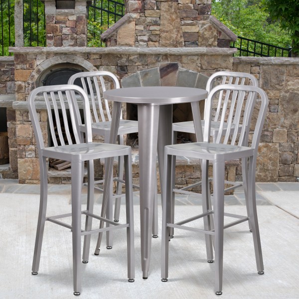 Flash Furniture Commercial Grade Round Metal Indoor-Outdoor Bar Table Set With 4 Vertical Slat Back Stools, 41""H x 24""W x 24""D, Silver -  CH518BH430VSIL
