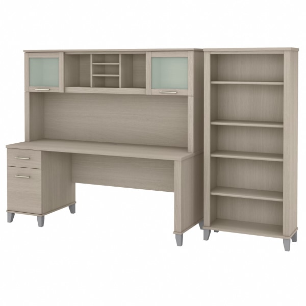 Bush Business Furniture Somerset 72""W Office Computer Desk With Hutch And 5-Shelf Bookcase, Sand Oak, Standard Delivery -  SET020SO