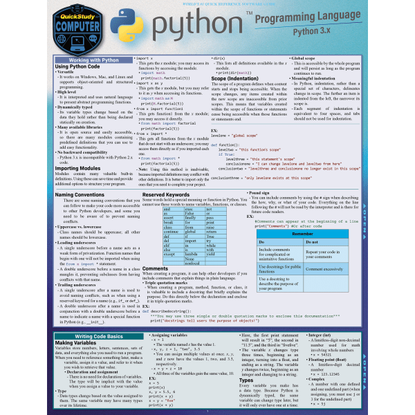 QuickStudy Guide, Python Programming Language, 3241881
