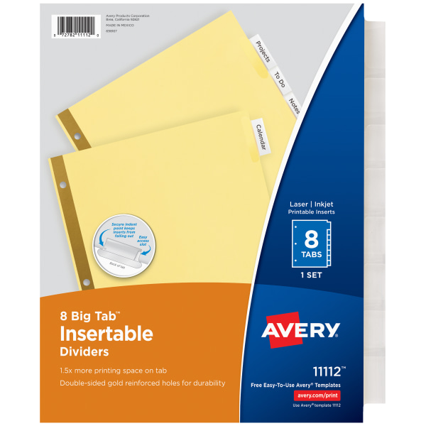 Avery&reg; Big Tab&trade; Insertable Dividers, Gold Reinforced, Buff/Clear, 8 1/2&quot; x 11&quot;, 8-Tab, Pack Of 24 AVE11115