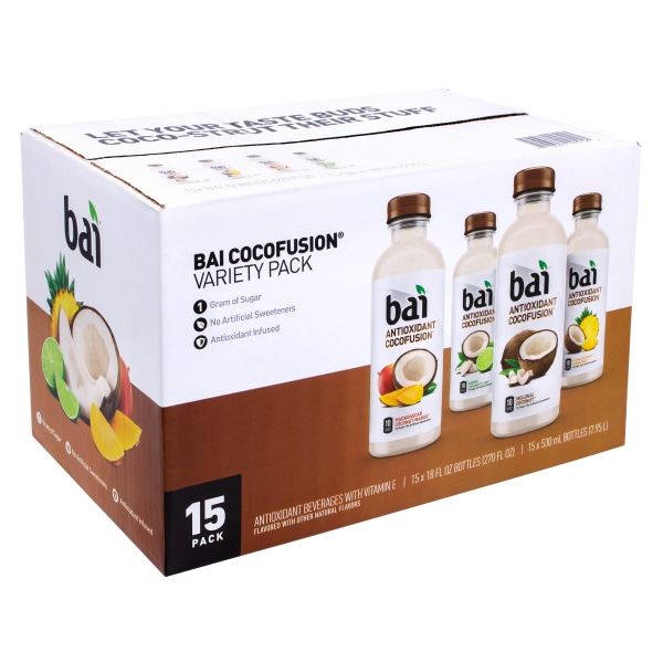 BAI Cocofusion Flavored Water Drinks 18 Oz Assorted Flavors Pack Of 15 Bottles