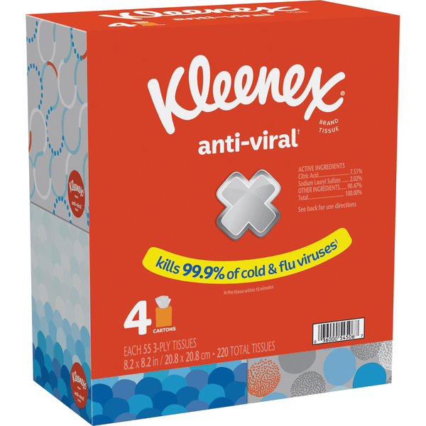 Kleenex AntiViral 3Ply Facial Tissues White 55 Tissues Per Box Pack Of 4 Boxes
