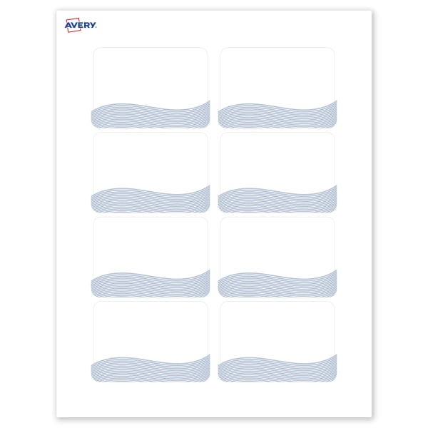 Avery® Printable Adhesive Name Badges With Preprinted Designs, Rectangle, S00-EVA, 2-1/3" x 3-3/8", Matte White With Blue Waves Design, Pack Of 80