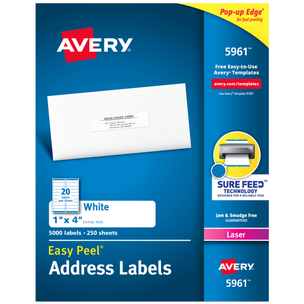 Avery&reg; Easy Peel&reg; Permanent Laser Address Labels, 1&quot; x 4&quot;, FSC&reg; Certified, White, Pack Of 5,000 AVE5961