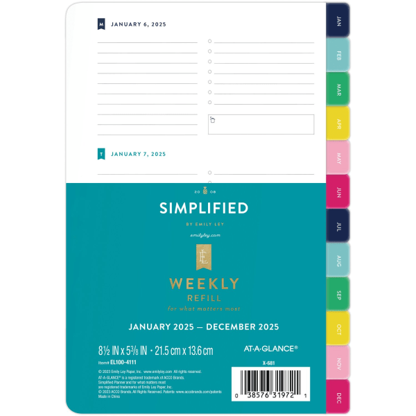 2025 Simplified by Emily Ley for AT-A-GLANCE® Weekly Refill, Desk Size, January to December -  EL100-4111-25