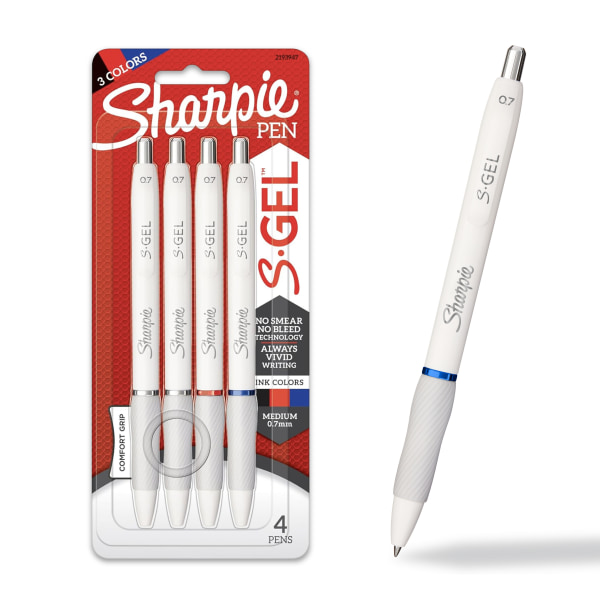 Sharpie S-Gel Fashion Barrel Gel Pens, Medium Point, 0.7 mm, White Barrels, Assorted Ink, Pack Of 4 Pens