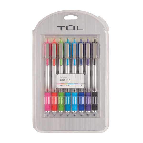 TUL GL Series Retractable Gel Pens, Medium Point, 0.7 mm, Silver Barrel, Assorted Bright Inks, Pack Of 8 Pens