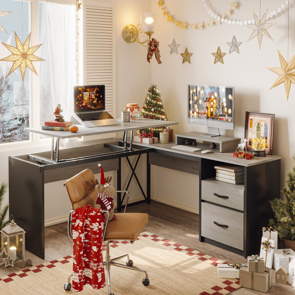 Bestier 56"W Standing Desk With Drawers & Monitor Stand, Light Retro Gray Oak