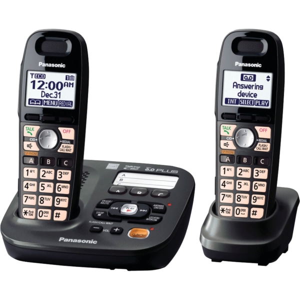 Panasonic DECT 6.0 1.90 GHz Cordless Phone - Metallic Black - 1 x Phone Line - 2 x Handset - Speakerphone - Answering Machine - Backlight -  KX-TG6592T