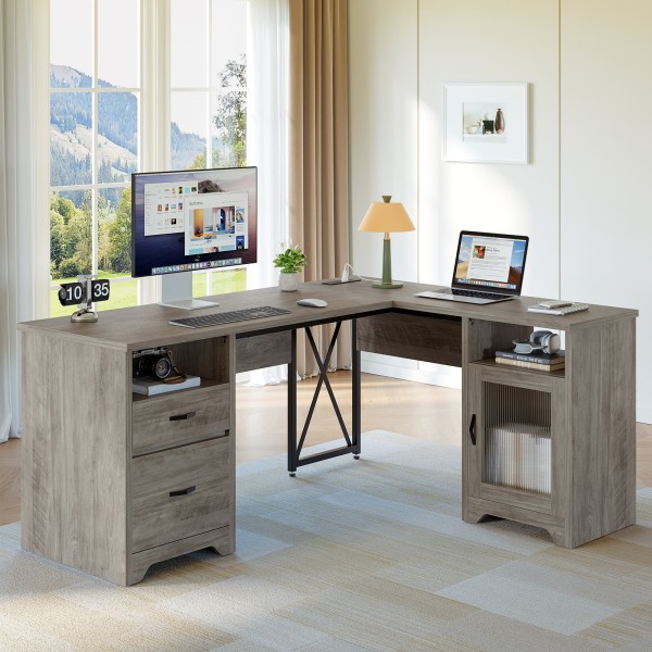 Bestier 63"W L-Shaped Corner Desk With Drawers and Power Outlets, Gray