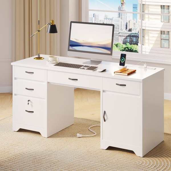 Bestier 60"W Executive Computer Desk With Drawers And Power Outlets, White