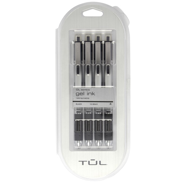 TUL GL Series Retractable Gel Pens, Bold Point, 1.0 mm, Silver Barrel, Black Ink, Pack Of 4 Pens
