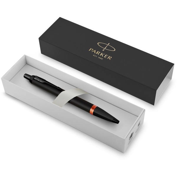 Parker IM Ballpoint Pen, Medium Point, 0.7 mm, Satin Black/Flame Orange Barrel, Blue Ink