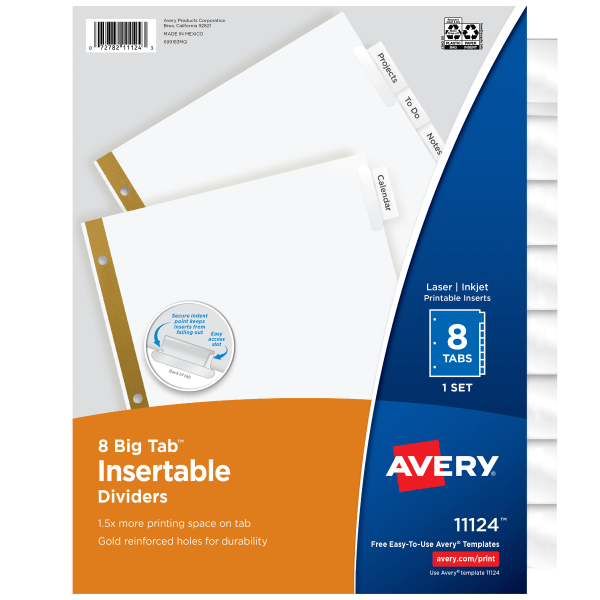 Avery® Big Tab™ Insertable Dividers Gold Reinforced Edge, White/Clear, 8-Tab